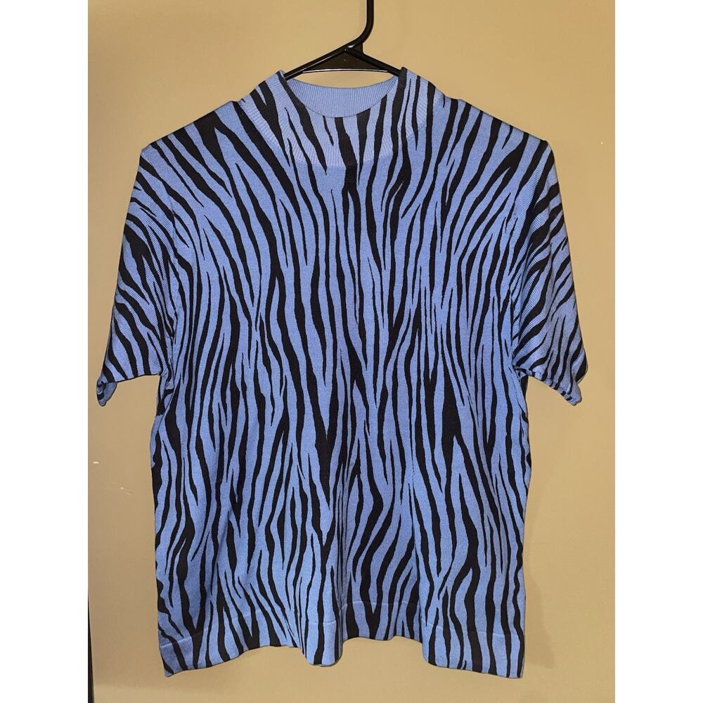 Vintage Y2K City Silk Goth Black Blue Zebra Print Mock Neck Knit Top Women’s L